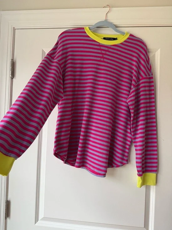 Sweater top, Pink & Purple Striped with Yellow Trim, SOFT with Stretch, Size XL - Picture 1 of 10